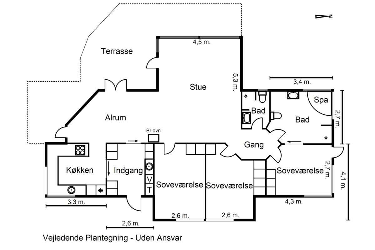 En plantegning over sommerhuset som kan lejes i Dueodde.